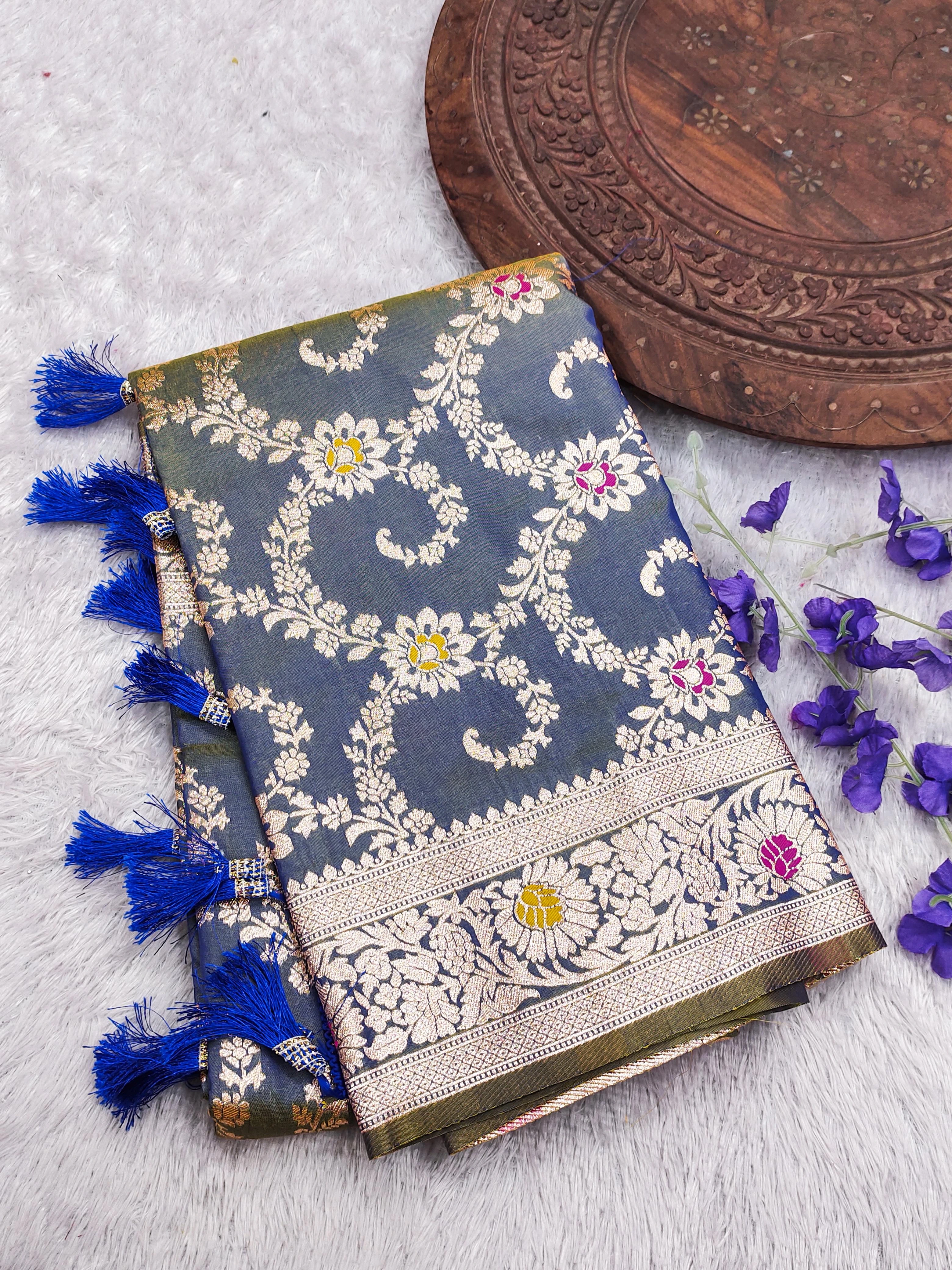 Antique Gold Zari Banarasi Silk Saree - Steel Grey
